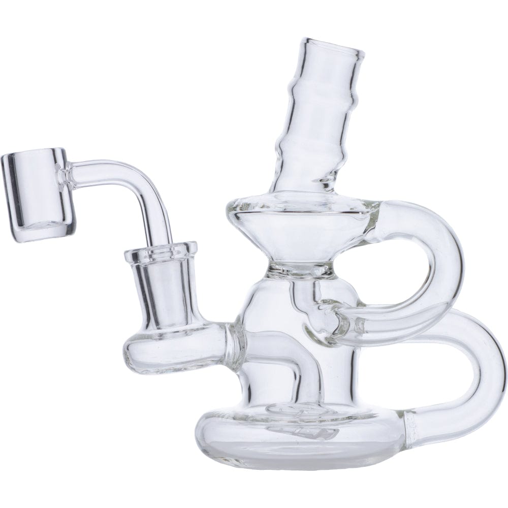 Front view of the Mini Recycler, a clear glass piece with a circular base and curved neck, set against a plain white background.