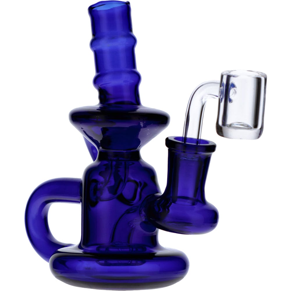 Front view of the Mini Recycler, a blue glass water pipe with a unique, multi-chamber design and visible joint.
