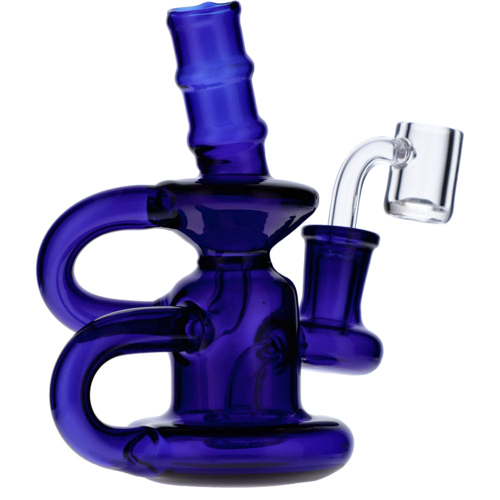 A front view of the Mini Recycler, a blue glass water pipe with a uniquely shaped chamber and visible joint.