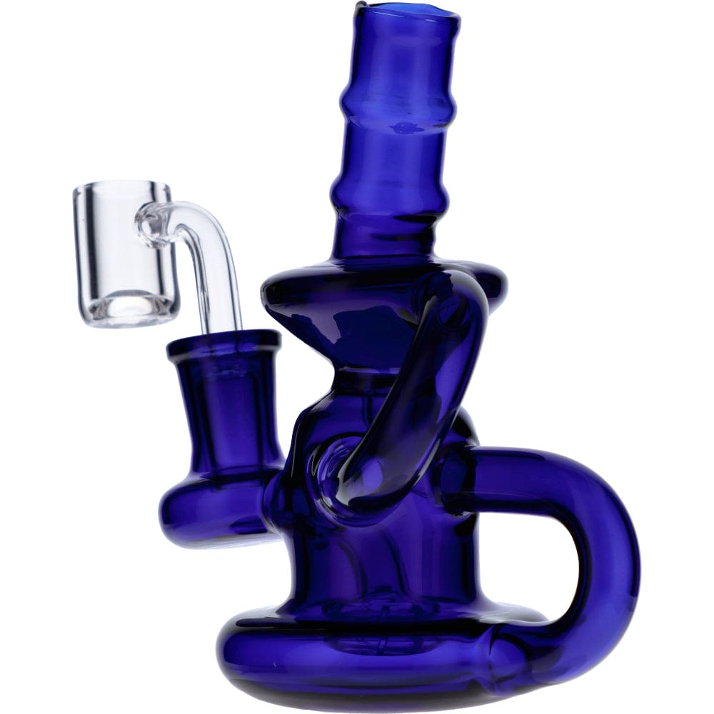 Front view of the Mini Recycler, a blue glass piece with a unique, curved design and visible joint.