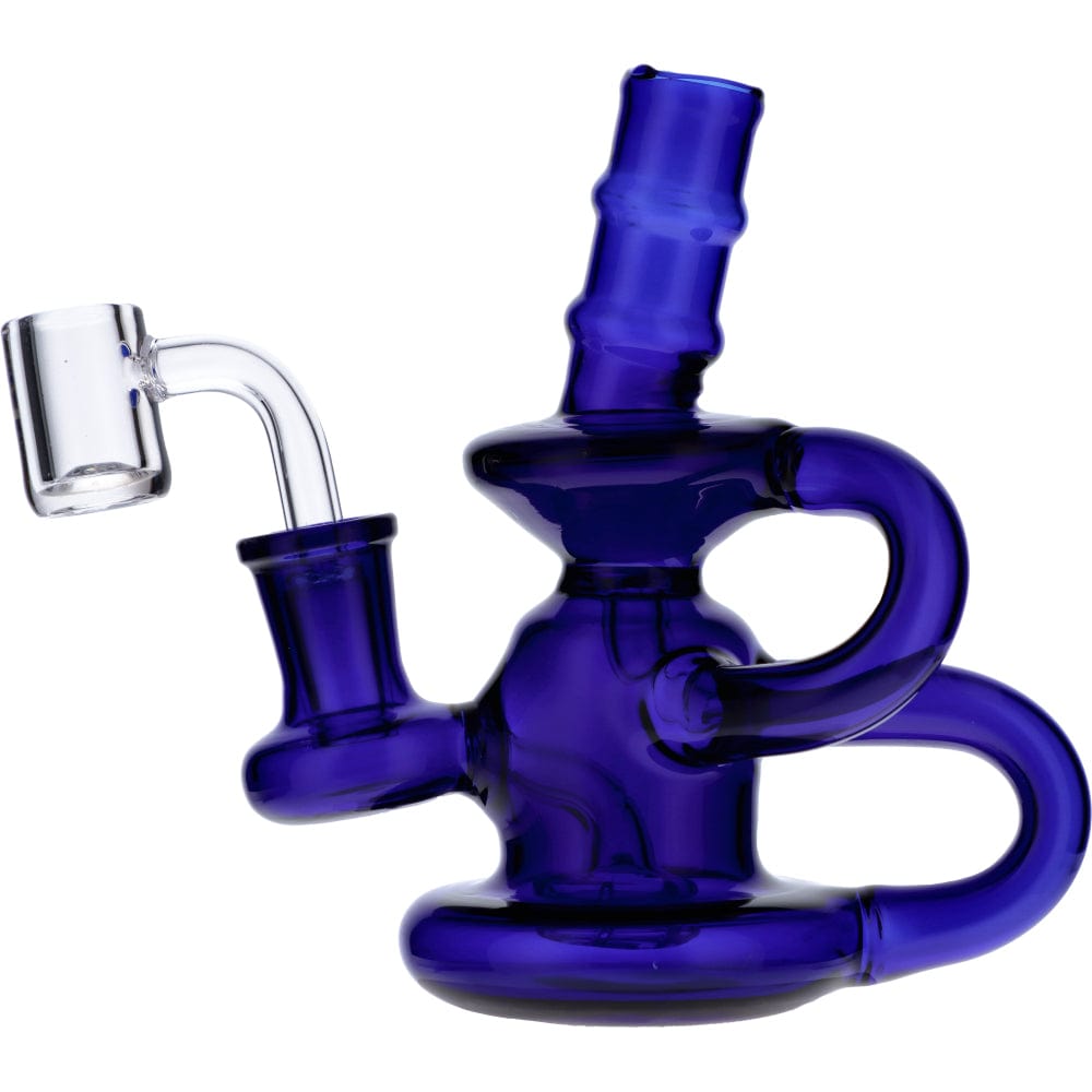 Front view of the Mini Recycler, a blue glass piece with a complex, looped design and clear joint.