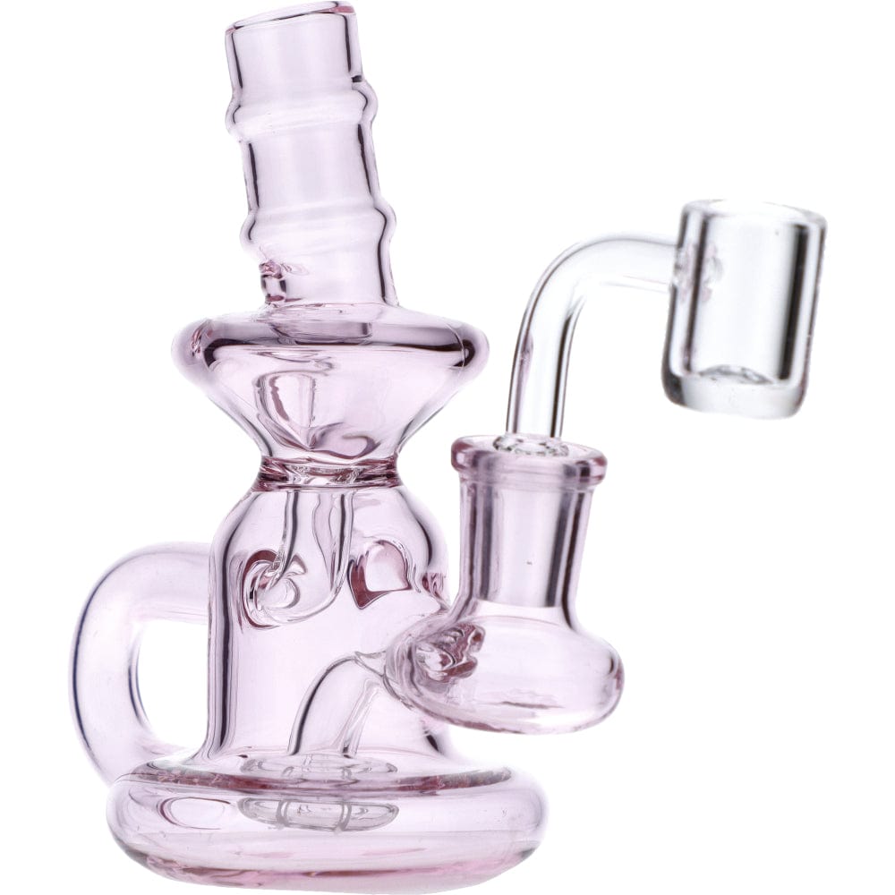 Front view of the Mini Recycler, a clear glass bubbler with a unique, layered design and rounded base.