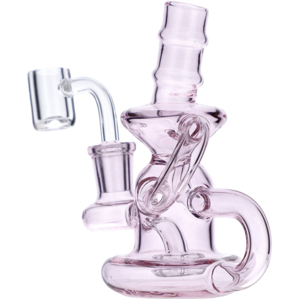 Front view of the Mini Recycler, a small glass piece with a unique, looped design and clear construction.