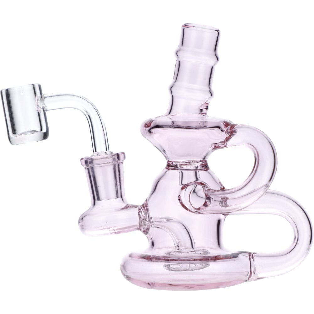 Front view of the Mini Recycler, a small glass water pipe with curved arms and a clear finish.