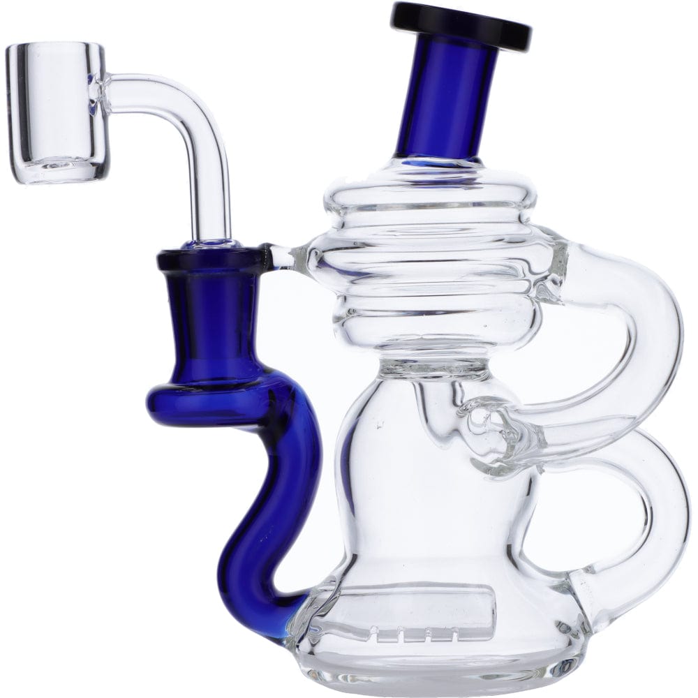A front view of the Mini Recycler Dab Rig, showcasing its clear glass construction and curved neck.