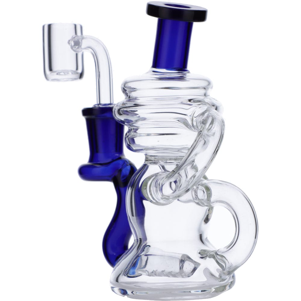 Front view of the Mini Recycler Dab Rig, featuring a clear glass construction and a unique, multi-chambered design.