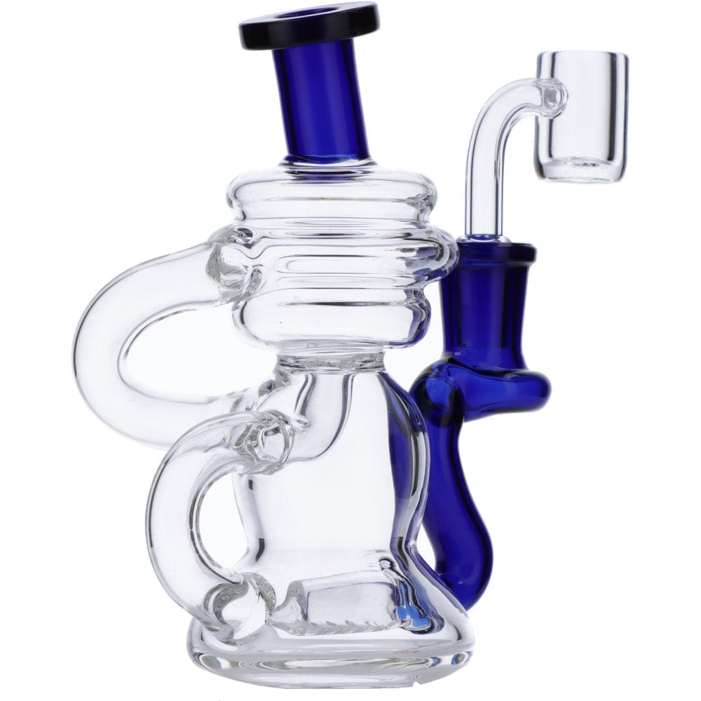 The Mini Recycler Dab Rig is shown in a close-up, angled view of the clear glass rig with a blue accent.