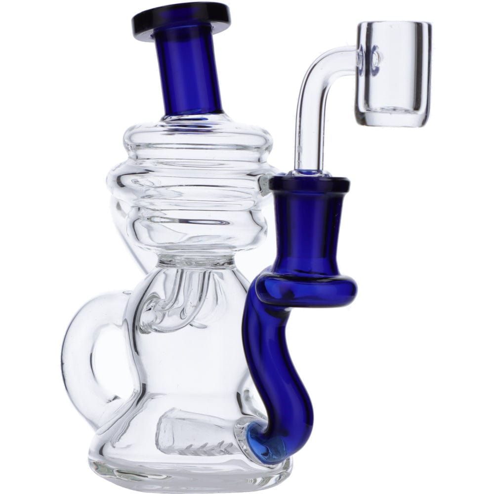 Front view of the Mini Recycler Dab Rig, a clear glass rig with a blue accent and visible joint for dabbing.