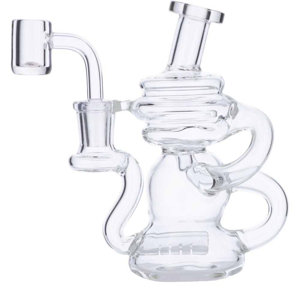 Front view of the Mini Recycler Dab Rig, a clear glass rig with intricate curves and a small size.