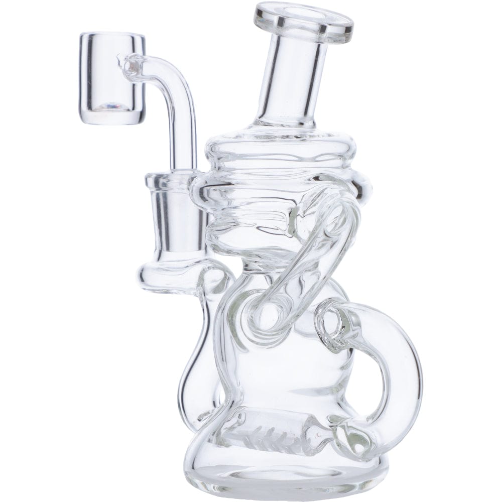 Front view of the Mini Recycler Dab Rig, a clear glass rig with multiple chambers and a curved mouthpiece.
