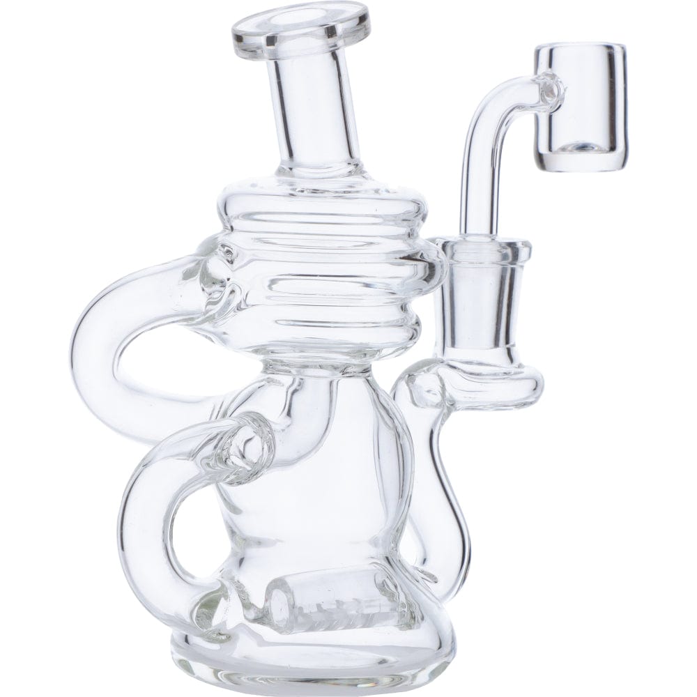 Front view of the Mini Recycler Dab Rig, a clear glass rig with a unique, multi-chamber design.