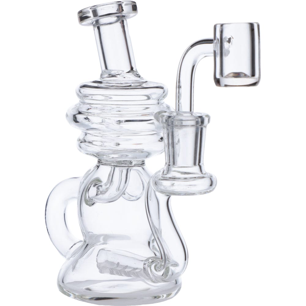 Front view of the Mini Recycler Dab Rig, a clear glass rig with a unique, multi-chambered design.