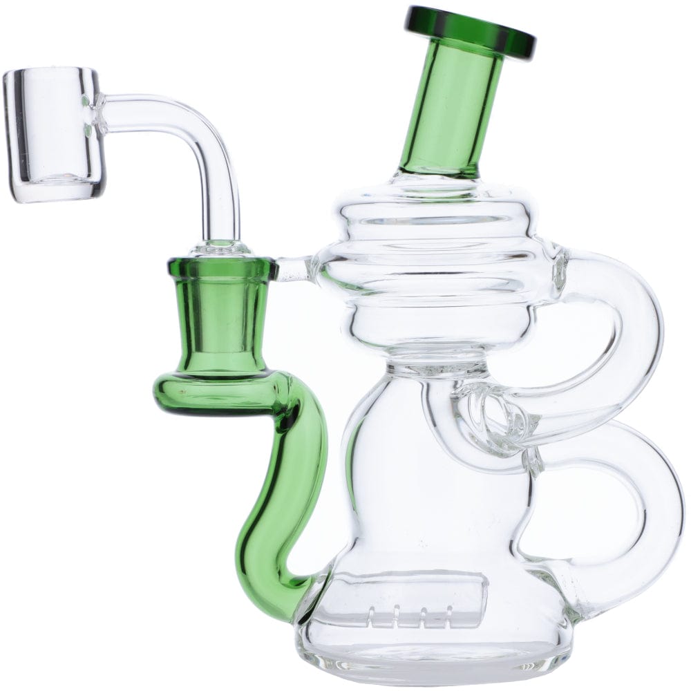 Front view of the Mini Recycler Dab Rig, a clear glass rig with a green accent and intricate bubbler design.
