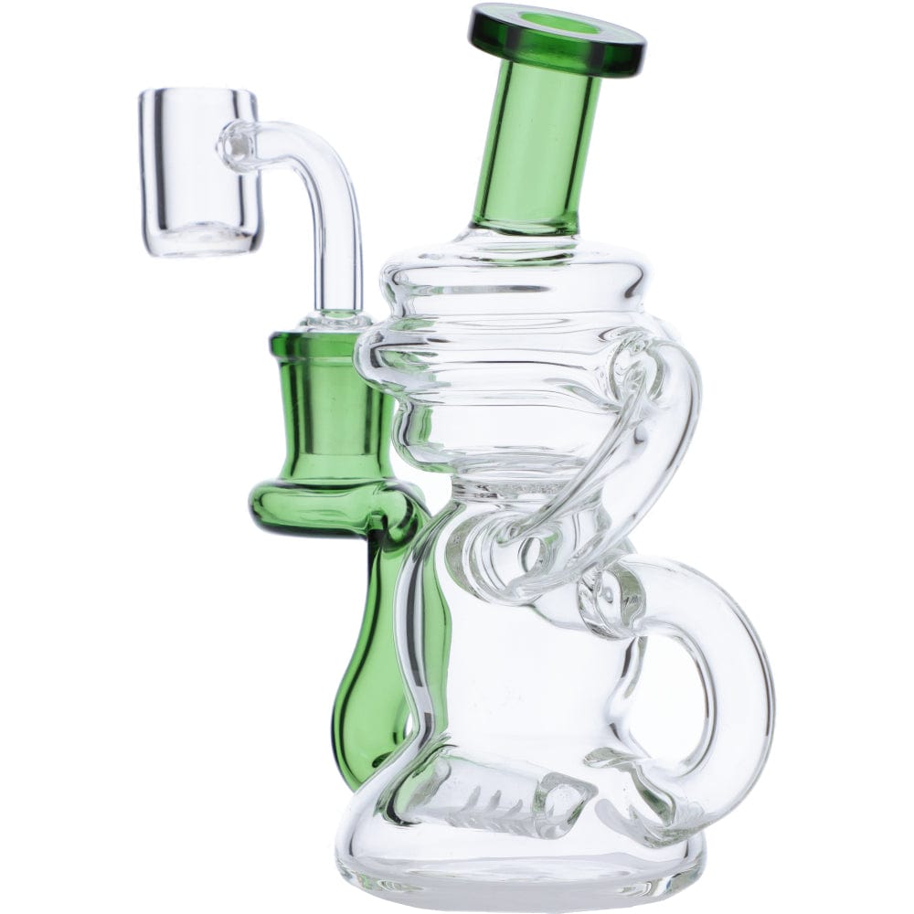 A three-quarter view of the Mini Recycler Dab Rig, showcasing its clear glass construction and intricate recycler design.
