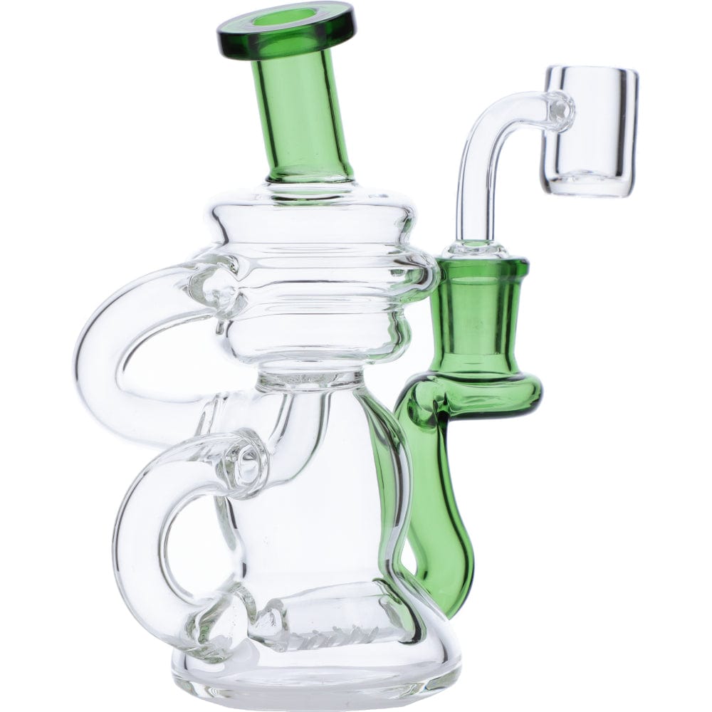 The Mini Recycler Dab Rig is displayed in a front view, showcasing its small size and clear glass construction with a curved mouthpiece.