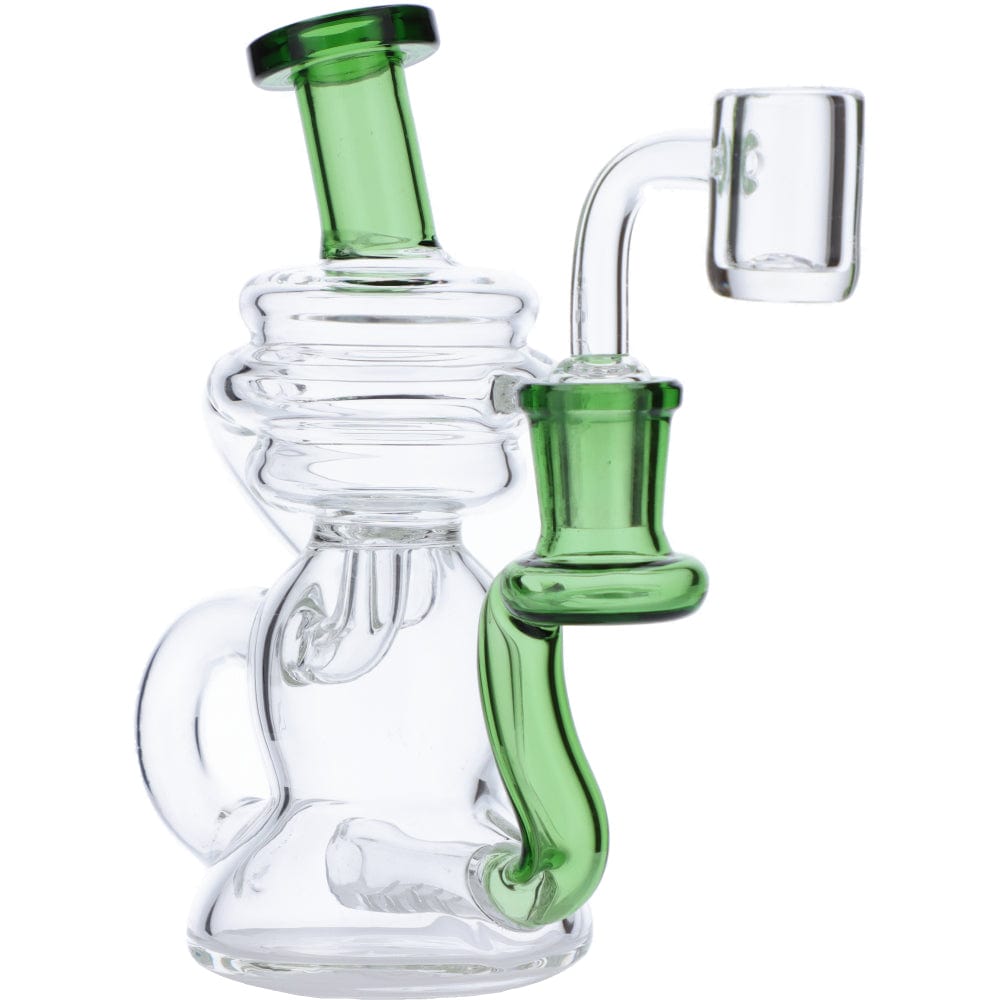 Front view of the Mini Recycler Dab Rig, a small glass rig with a curved neck and visible joint for concentrates.