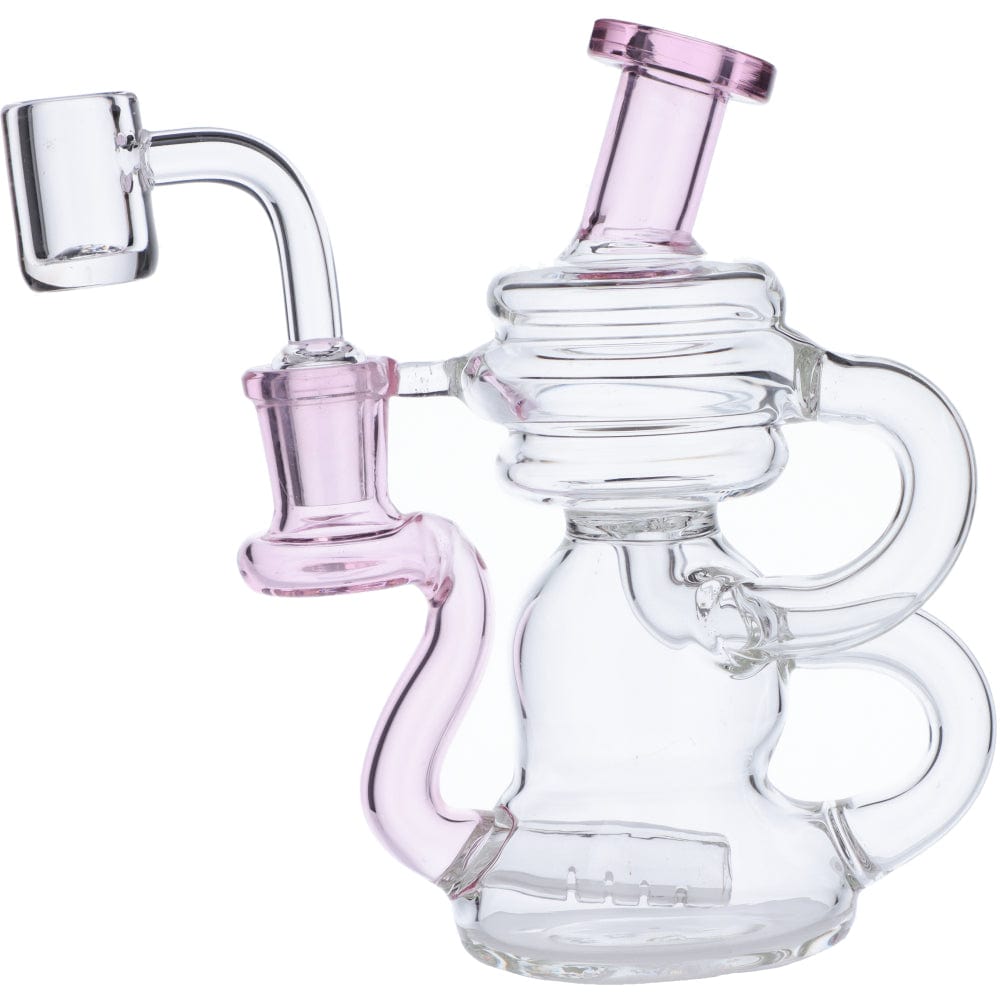 Front view of the Mini Recycler Dab Rig, a small glass rig with a complex bubbler design and visible joint.