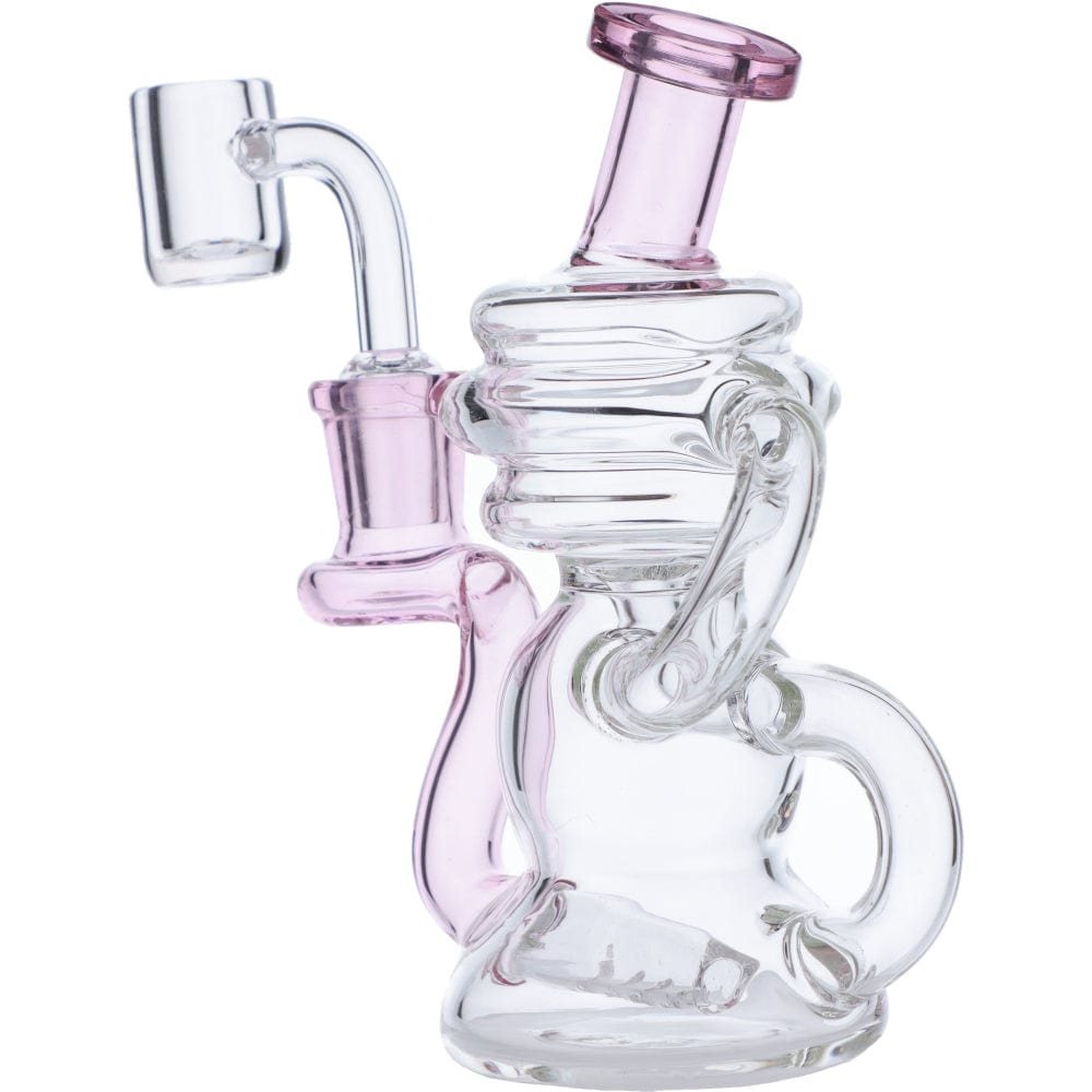 Front view of the Mini Recycler Dab Rig, a small glass rig with a complex series of bubblers and a curved mouthpiece.