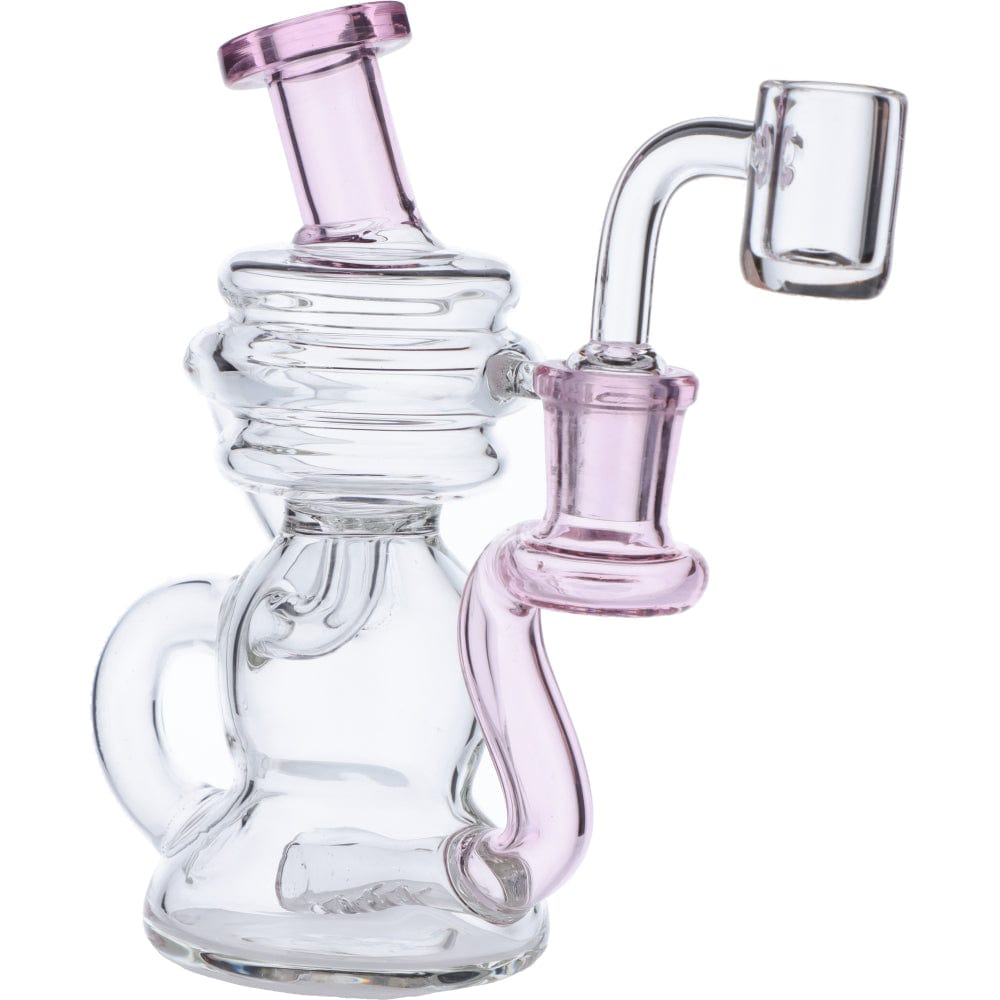Front view of the Mini Recycler Dab Rig, a small glass rig with a curved neck and clear glass construction.