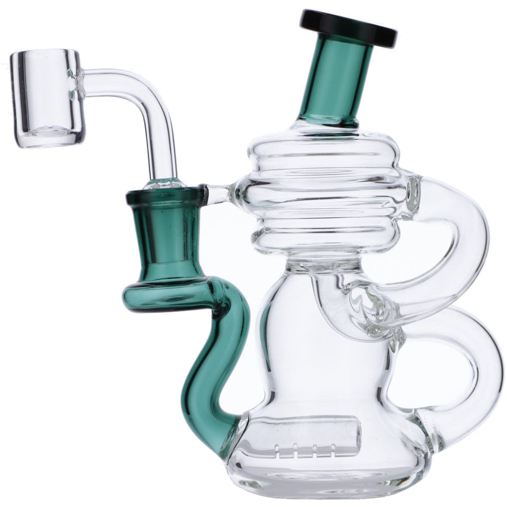 Front view of the Mini Recycler Dab Rig, a small glass rig with a green accent and a curved mouthpiece.