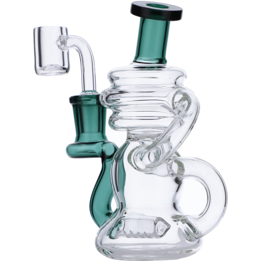 The Mini Recycler Dab Rig is displayed in a close-up, angled shot, showcasing its clear glass construction and intricate bubbler design.
