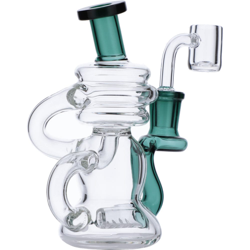 A close-up, angled view of the Mini Recycler Dab Rig, showcasing its clear glass construction and unique recycler design.