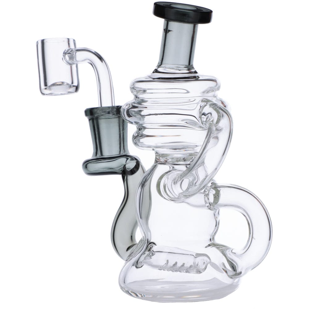 A front view of the Mini Recycler Dab Rig, featuring clear glass with a unique, compact recycler design.