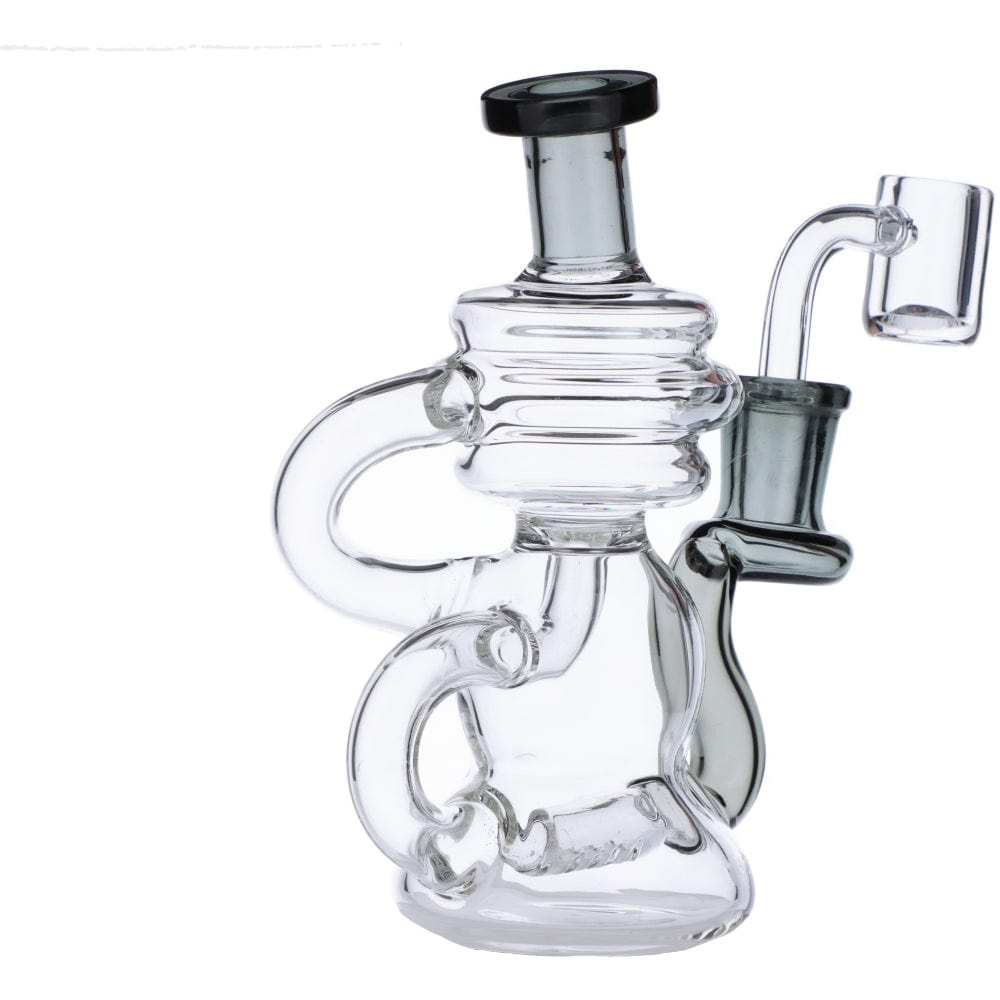 Front view of the Mini Recycler Dab Rig, a clear glass rig with a unique, compact recycler design and visible joint.