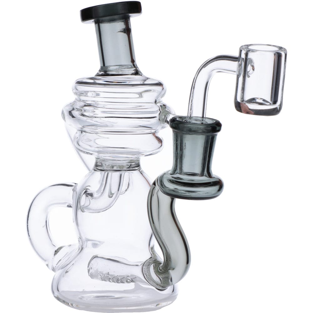 Front view of the Mini Recycler Dab Rig, a clear glass rig with a unique, multi-chambered design and curved mouthpiece.