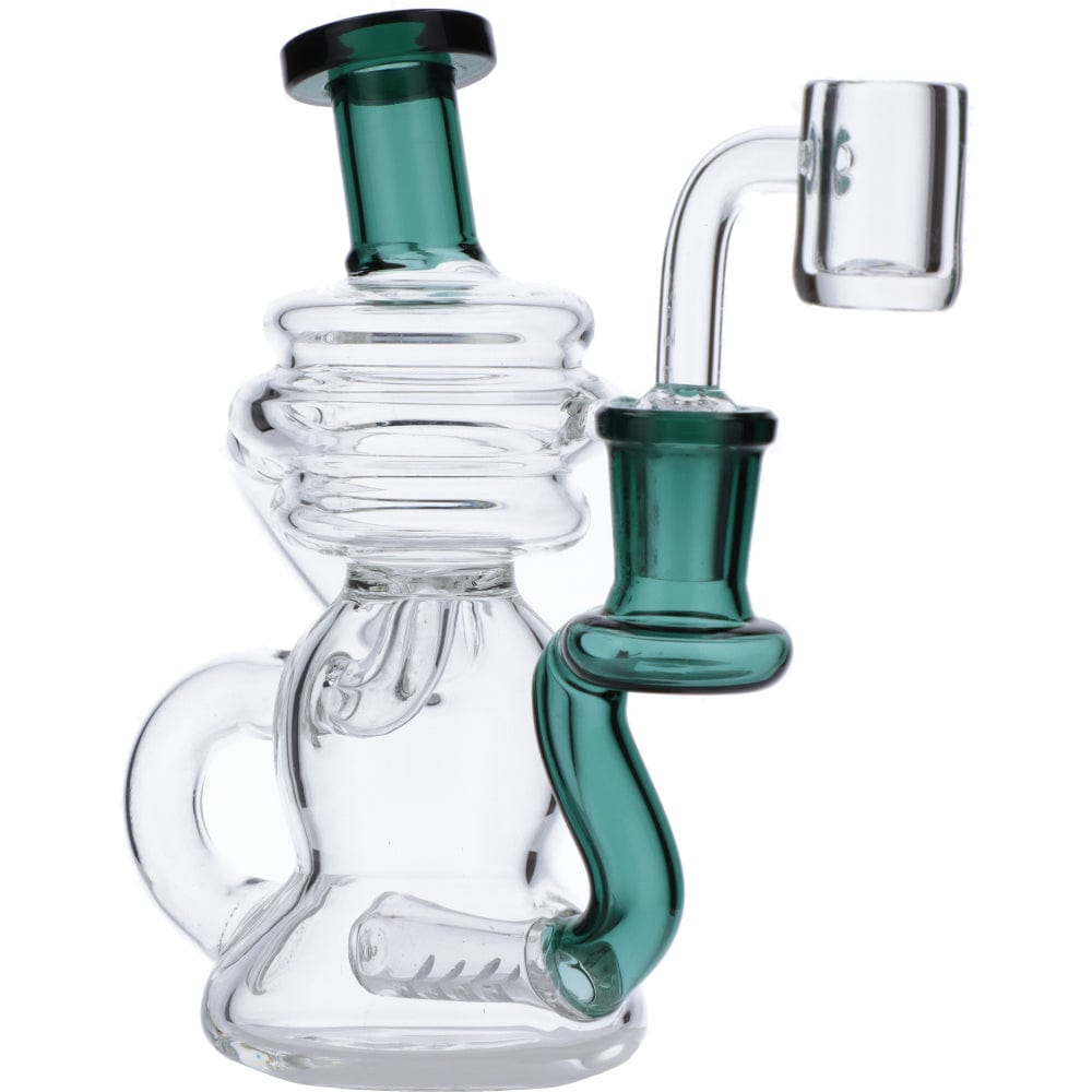 Front view of the Mini Recycler Dab Rig, featuring a clear glass construction with a unique, rounded base and angled mouthpiece.