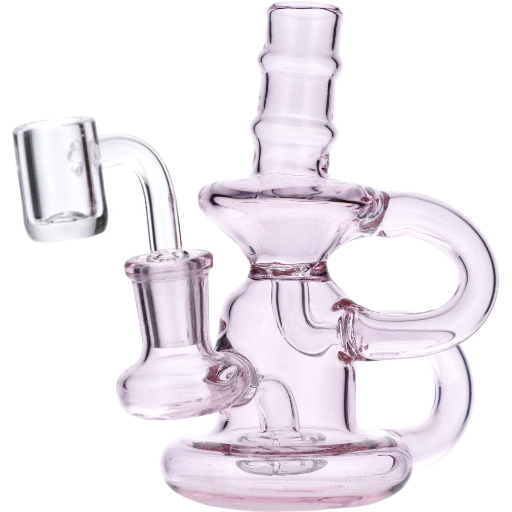 Front view of the Mini Recycler, a pink glass piece with a complex network of tubes and a rounded base.