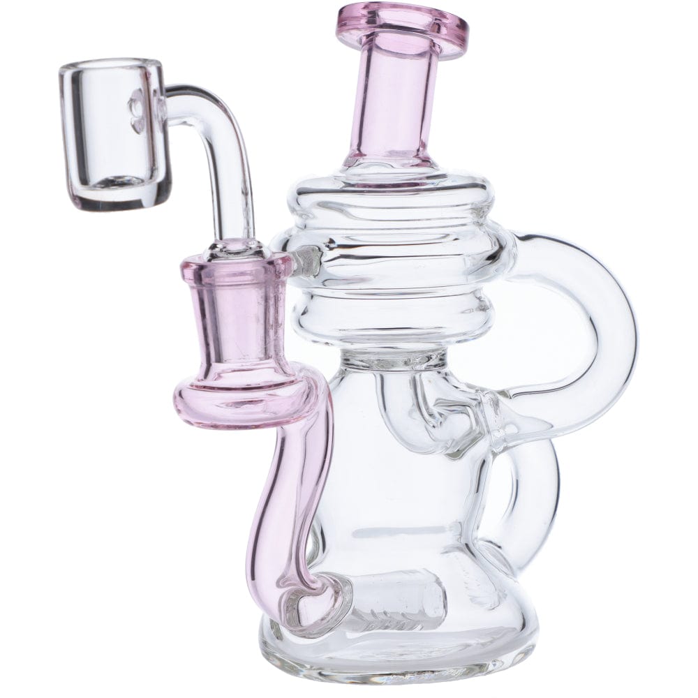 Front view of the Mini Recycler Dab Rig, a small glass rig with a clear body and curved mouthpiece.