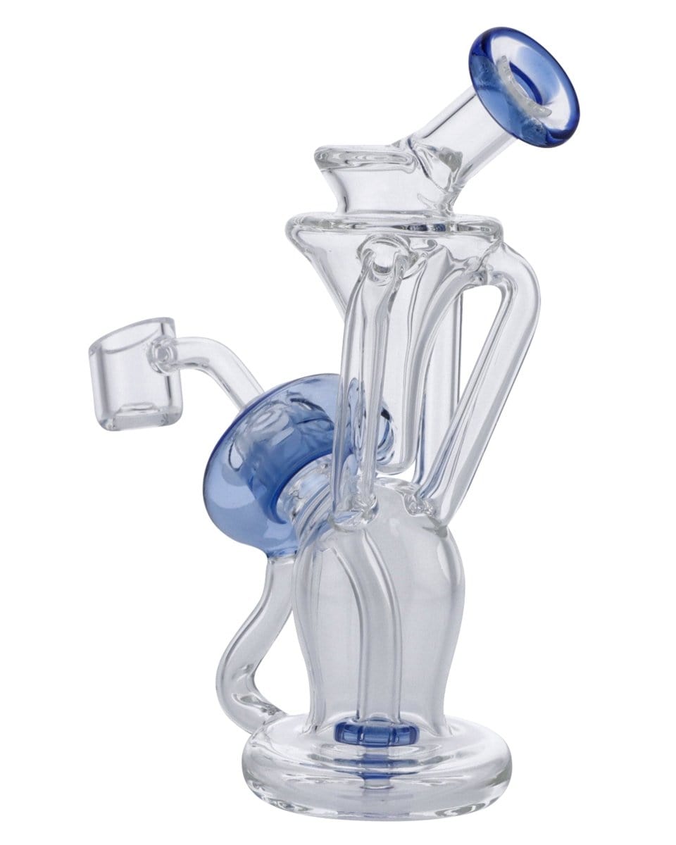 Front view of the Power Button Recycler Rig, a clear glass rig with a blue accent and intricate recycler design.
