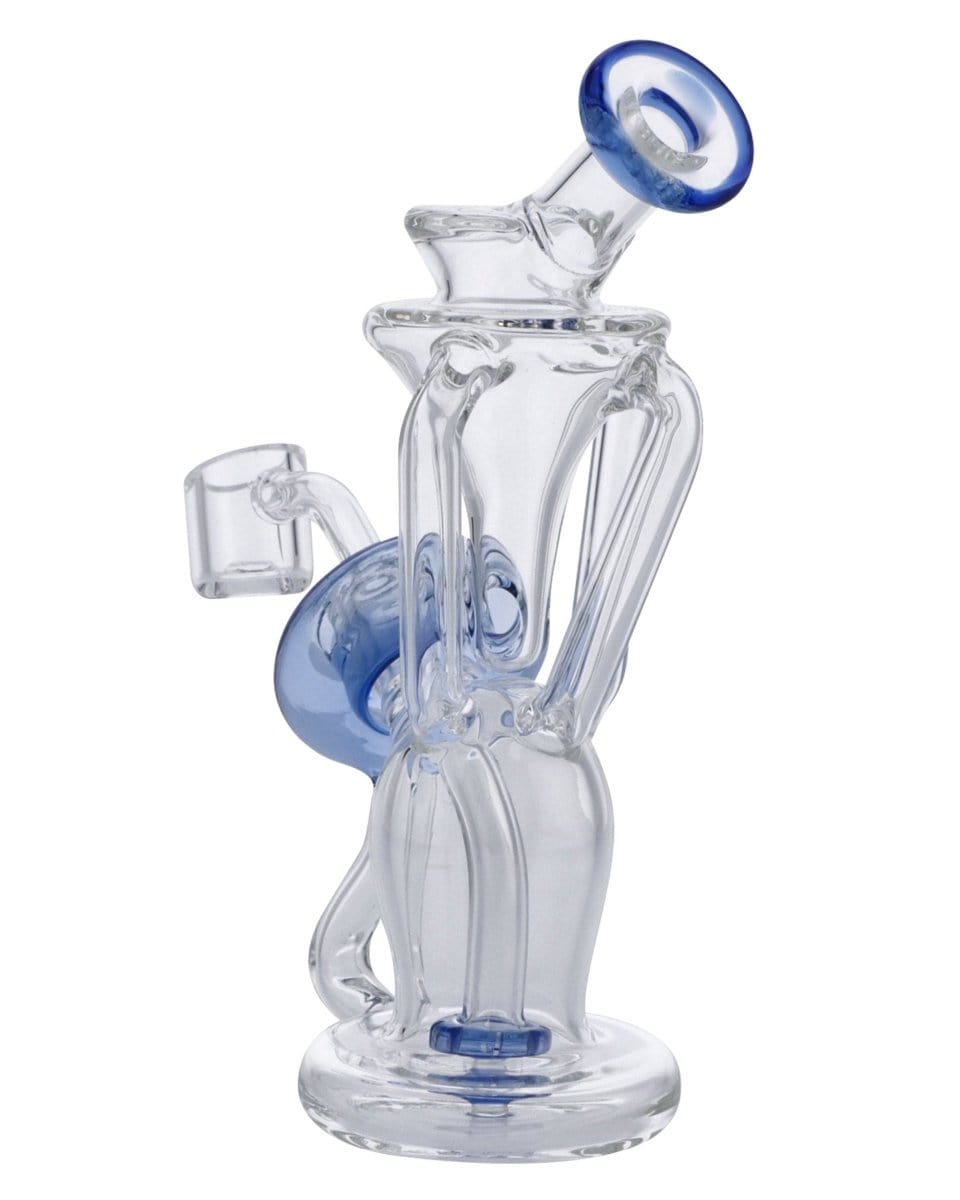 A three-quarter view of the Power Button Recycler Rig, showcasing its clear glass construction and unique, layered design.