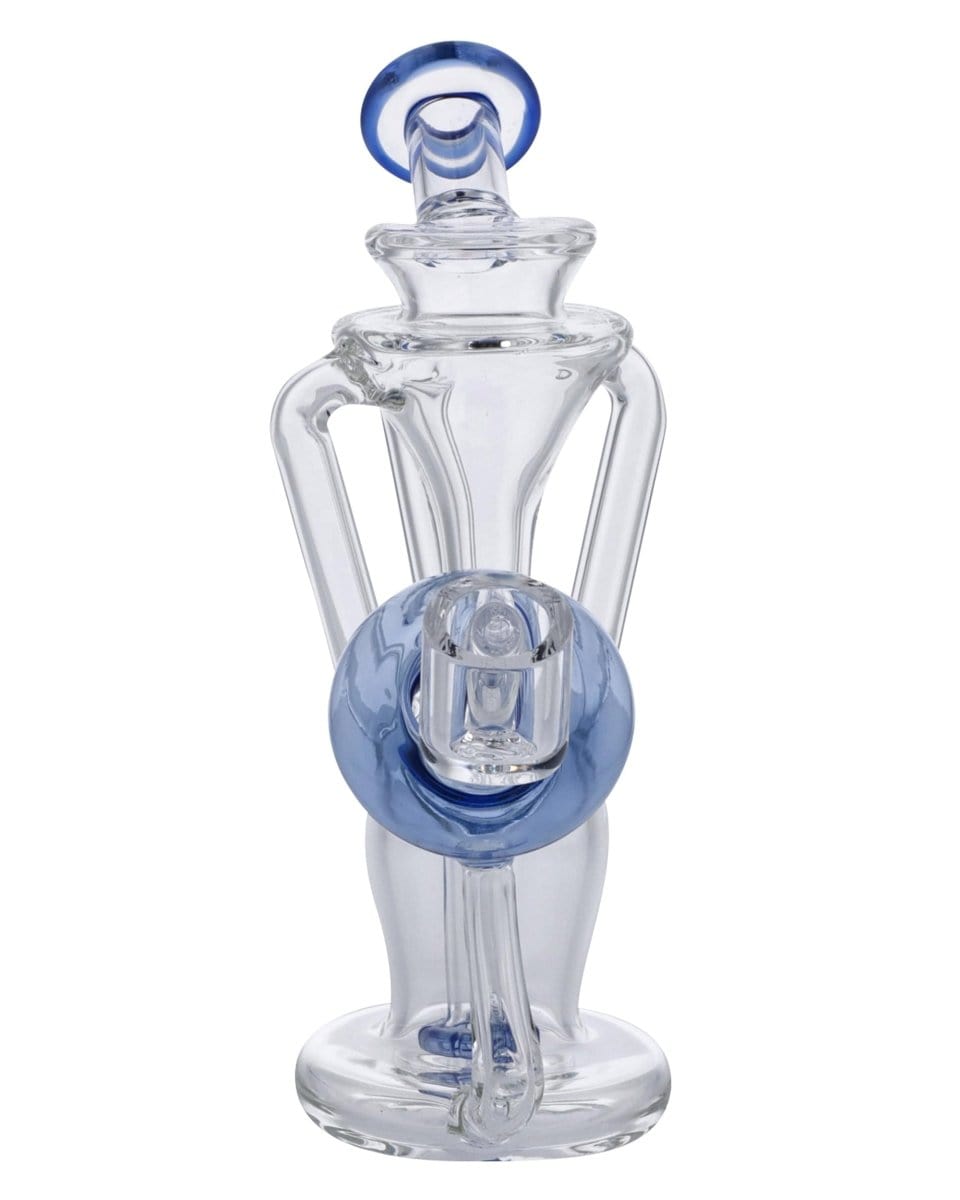 Front view of the Power Button Recycler Rig, a clear glass rig with a unique, looped design.