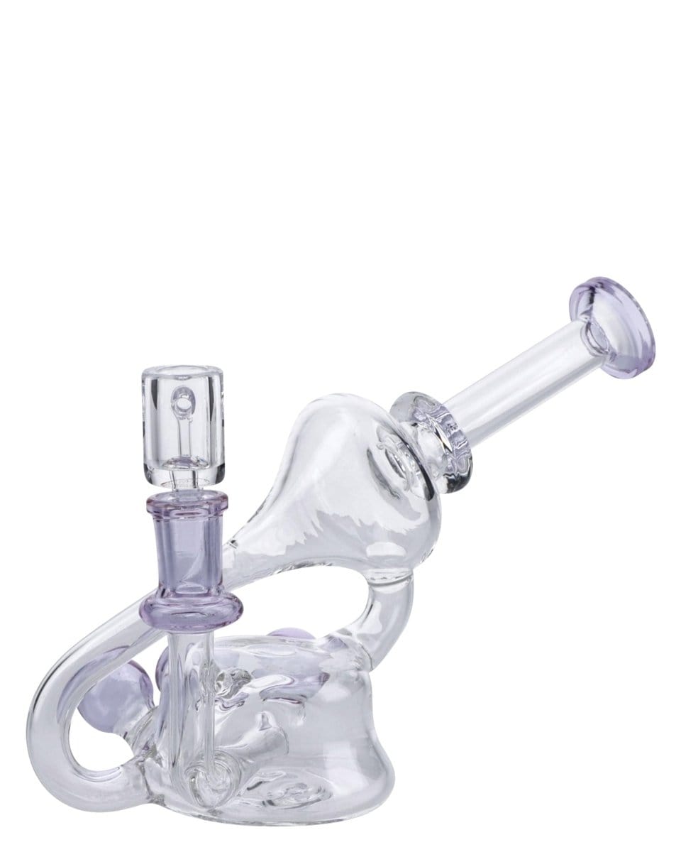 A front view of the 6" Recycler Bubbler Rig, showing the clear glass recycler with a unique bubbler design.