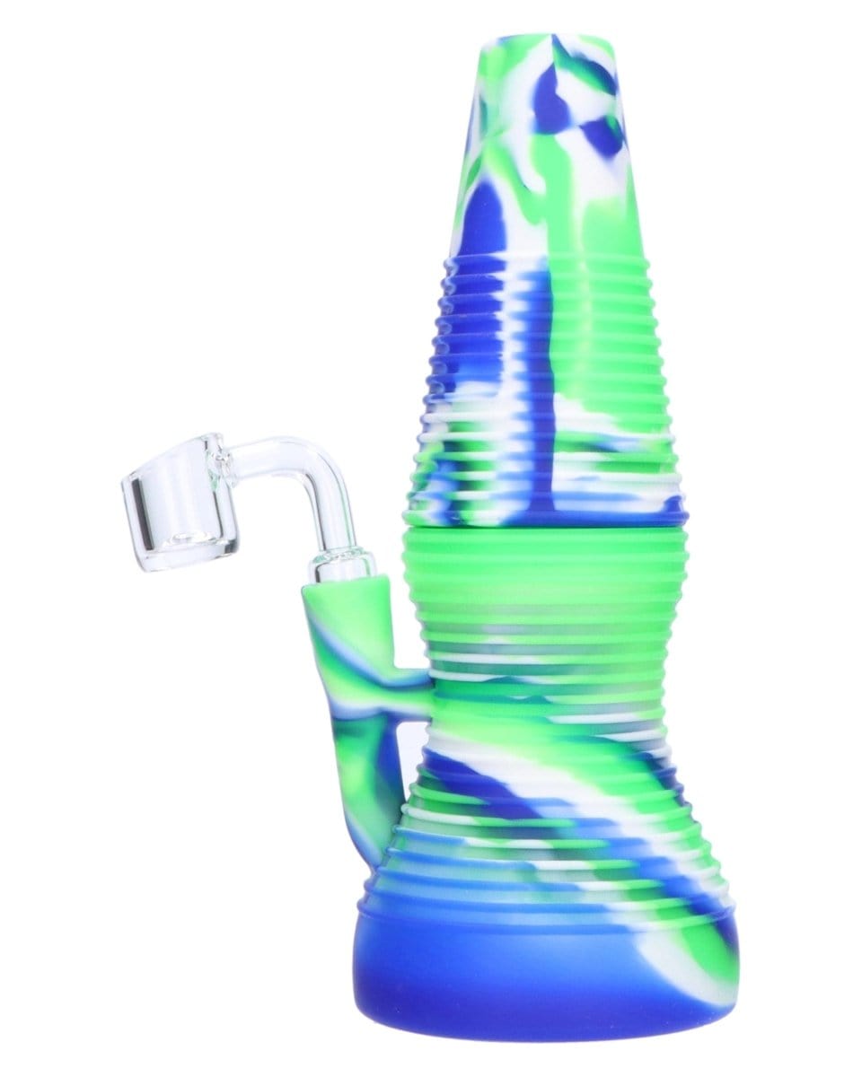 Front view of the Rigid Blue Silicone Mini Dab Rig, showcasing its compact size and curved form against a plain white background.