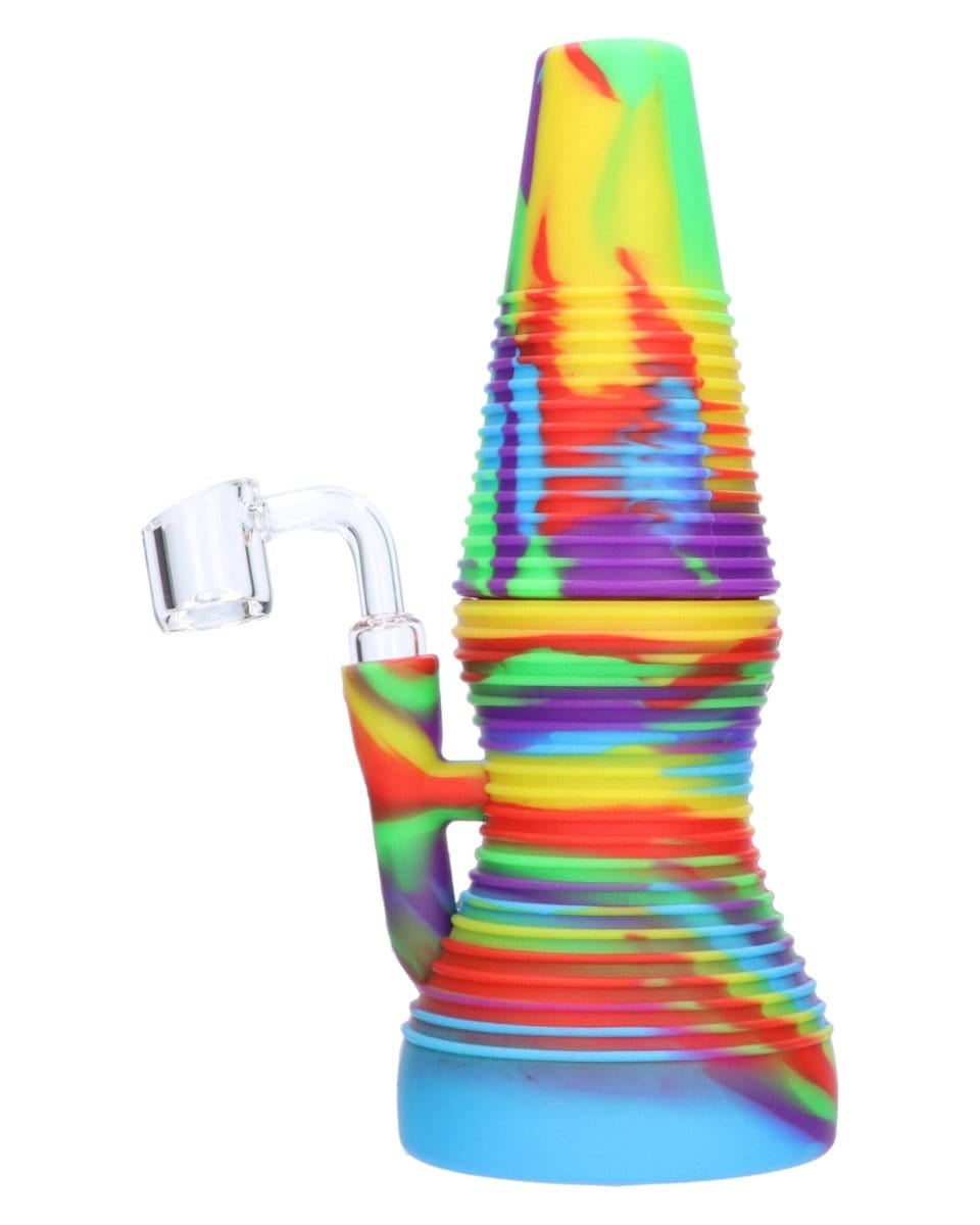 Front view of the Rigid Rainbow Silicone Mini Dab Rig, showcasing its colorful, patterned design and small size.