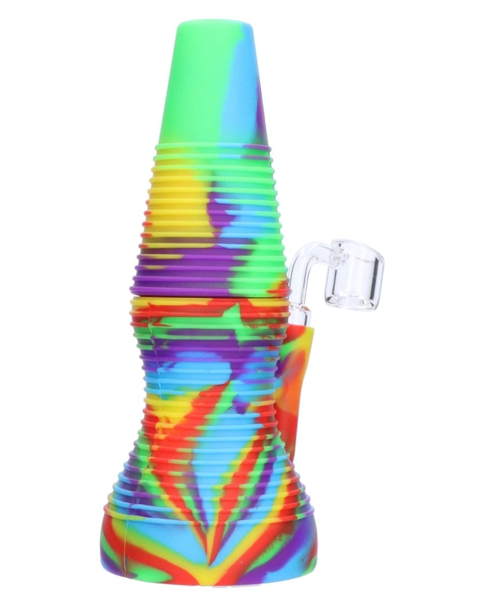 Front view of the Rigid Rainbow Silicone Mini Dab Rig, showcasing its colorful, patterned design and compact size.