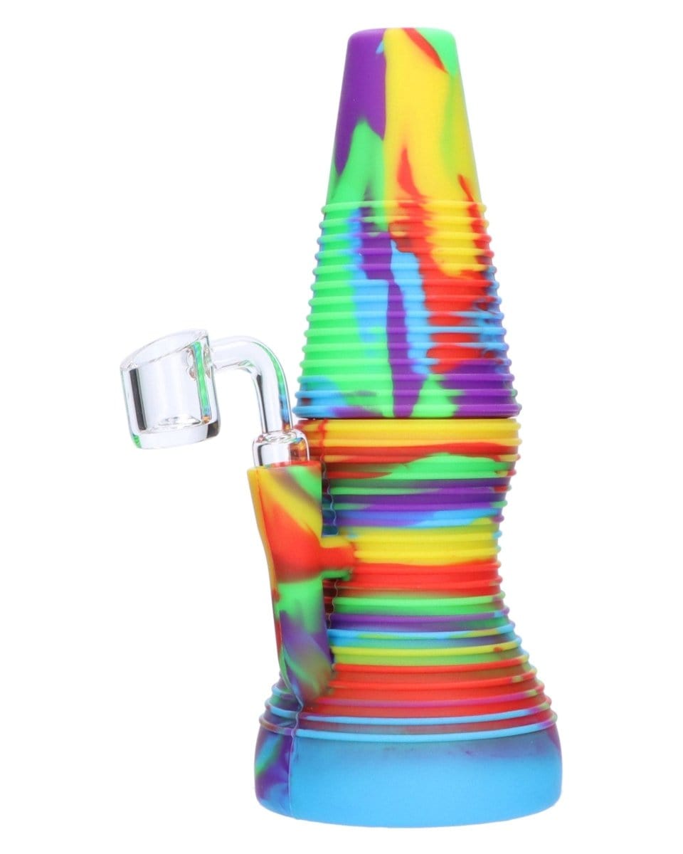 Front view of the Rigid Rainbow Silicone Mini Dab Rig, showing a colorful, patterned silicone body and visible joint.