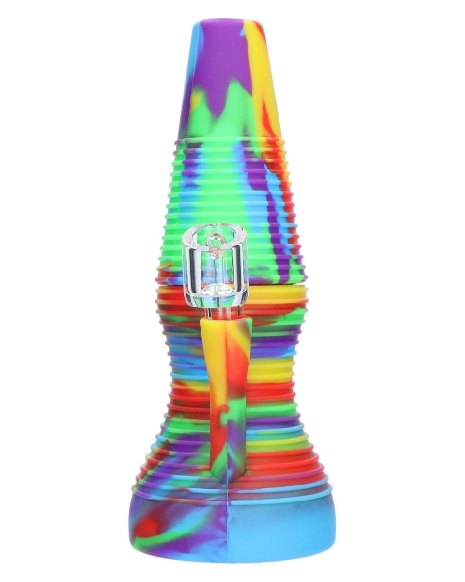 Front view of the Rigid Rainbow Silicone Mini Dab Rig, showcasing its colorful, swirled silicone design.
