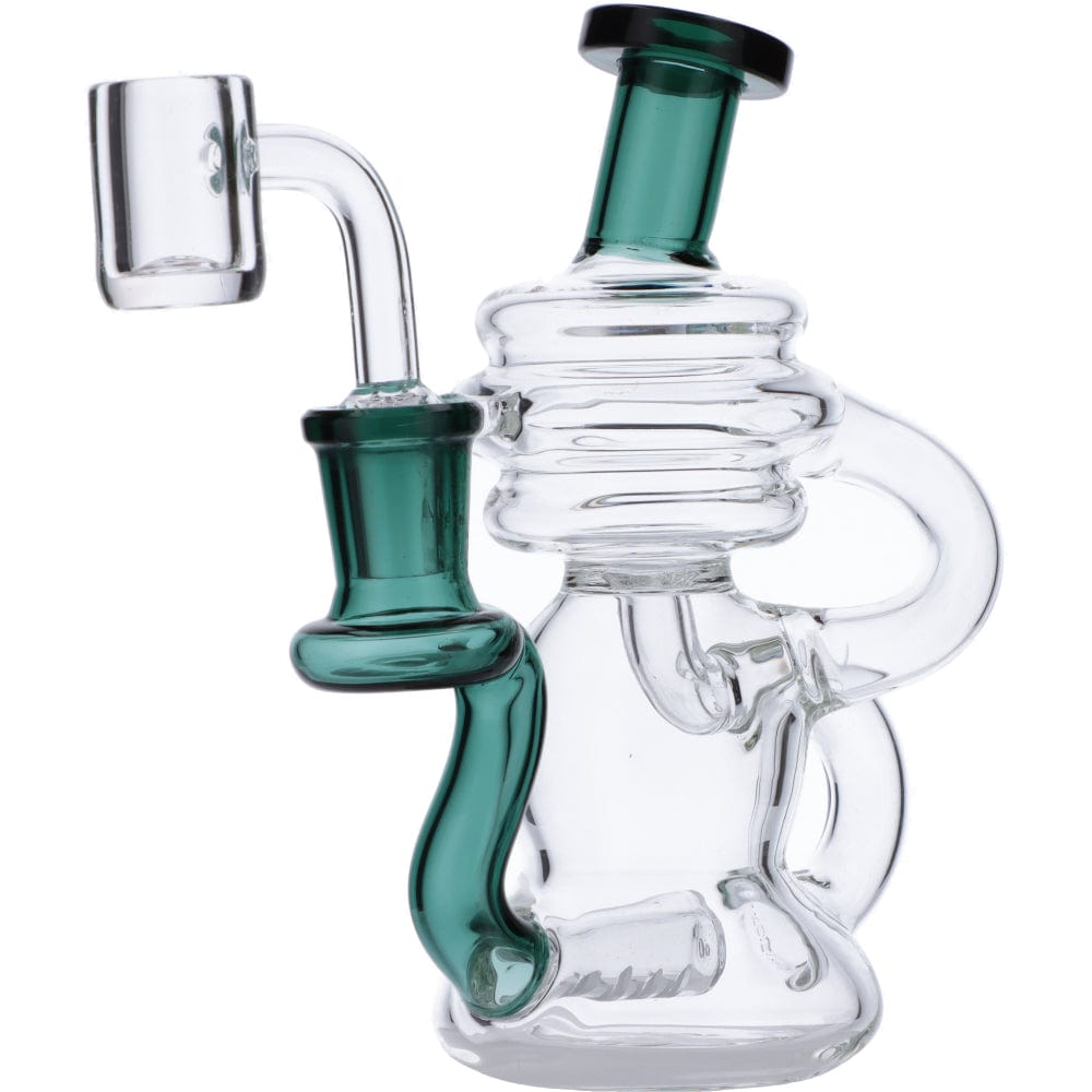 The Mini Recycler Dab Rig is shown in a close-up, front view with clear glass and a unique, multi-chambered design.