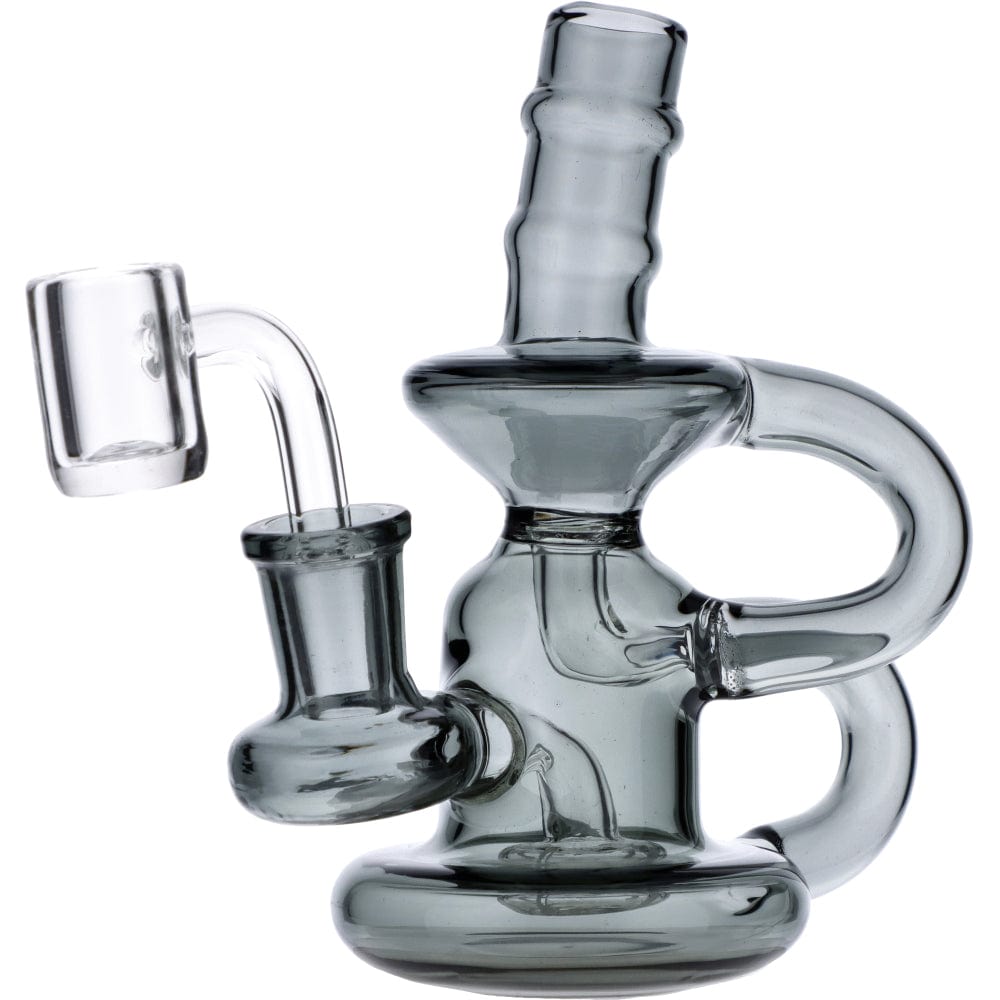A three-quarter view of the Mini Recycler, showcasing the intricately designed glass water pipe against a plain white background.