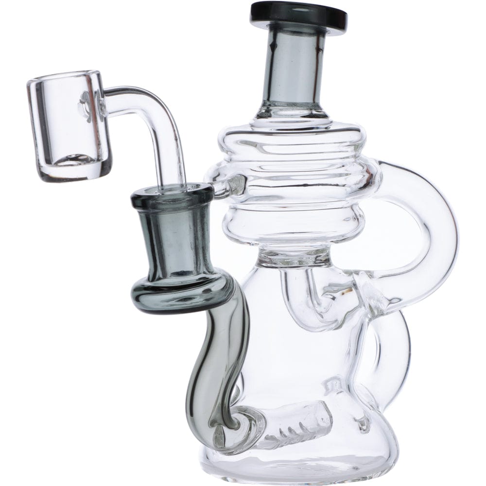 Front view of the Mini Recycler Dab Rig, a small clear glass rig with a uniquely shaped joint and intricate internal recycling system.