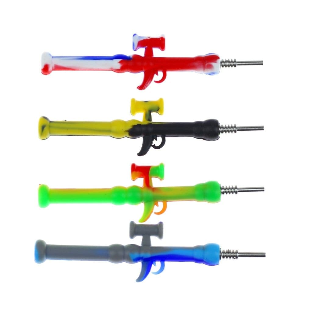 An assortment of colorful Silicone "Dab-zooka" Dab Straws are displayed against a plain white background in a side view.