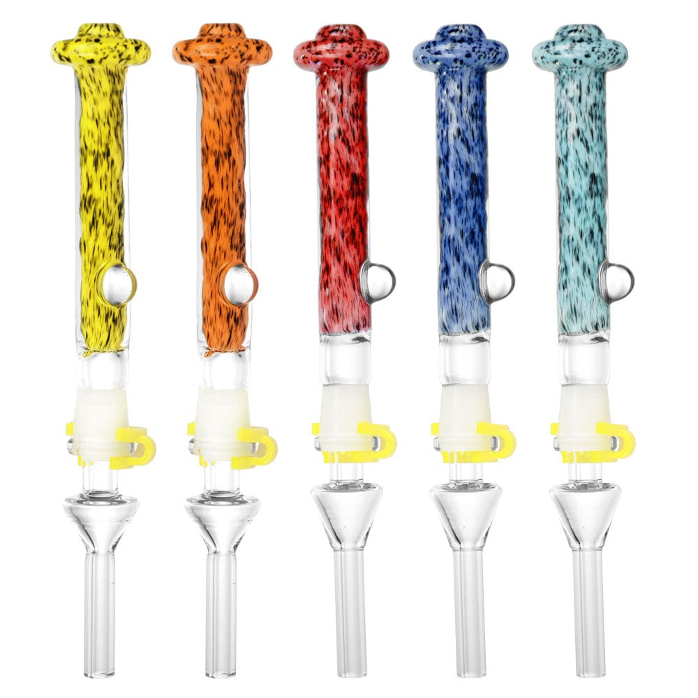 A front view of the 7-inch Beam Me Up Dab Straw with Quartz Tip, displaying colorful glass variations against a plain white background.