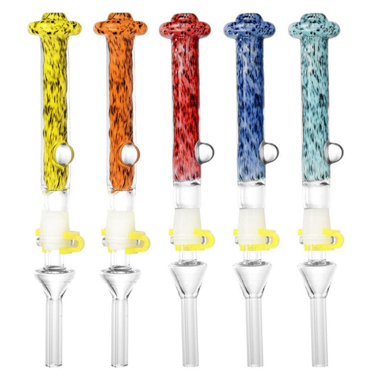 A front view of the 7-inch Beam Me Up Dab Straw with Quartz Tip, displaying colorful glass variations against a plain white background.