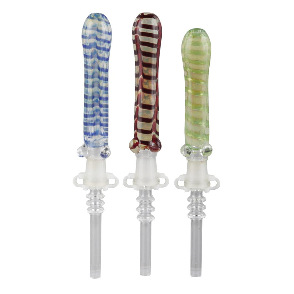 A front view of the Glass Dab Straw w/ 10mm Quartz Tip - 6.5", showcasing its assorted color and long, slender design.