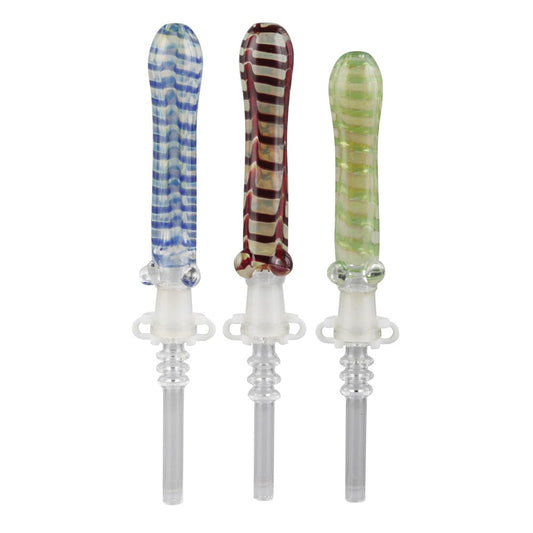 A front view of the Glass Dab Straw w/ 10mm Quartz Tip - 6.5", showcasing its assorted color and long, slender design.