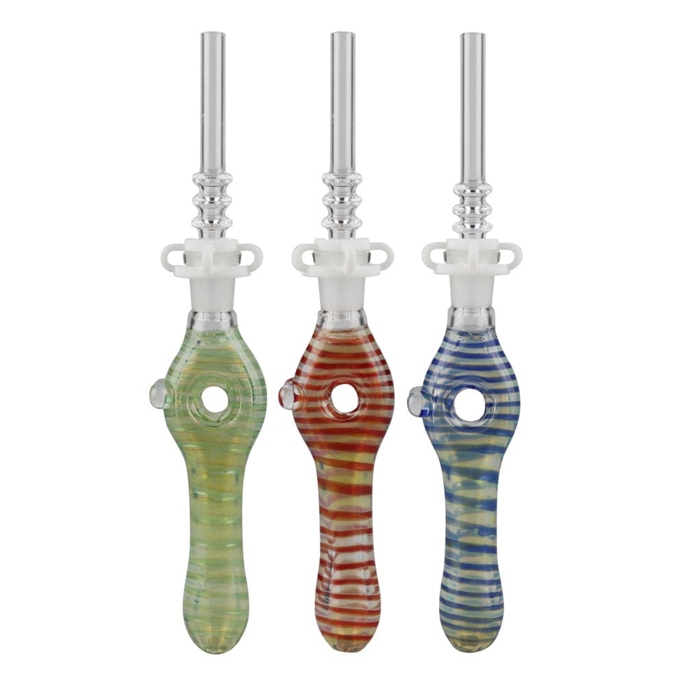 A studio shot of the Glass Donut Dab Straw w/ Quartz Tip, displaying multiple colorful variations in a vertical arrangement against a plain white background.